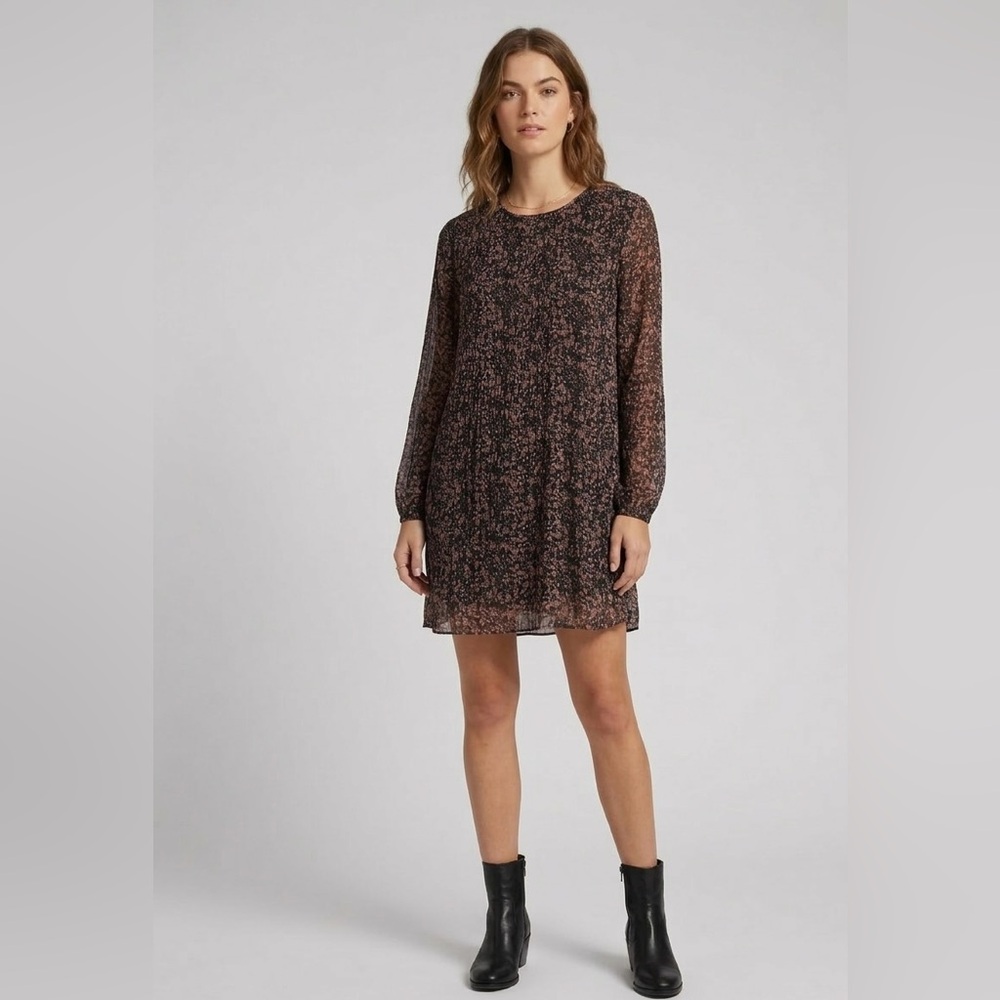 FLYING POINT Plisse Pleat Long Sleeve Floral Dress Dark Boho Cottagecore Size M